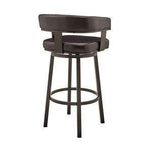 Homeroots 30" Chocolate And Gray Faux Leather And Iron Swivel Low Back Bar Height Bar Chair   476726
