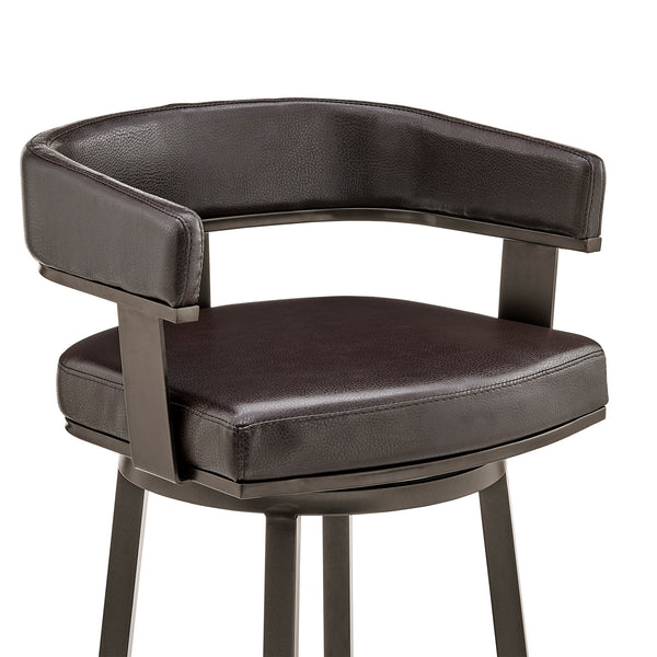Homeroots 30" Chocolate And Gray Faux Leather And Iron Swivel Low Back Bar Height Bar Chair   476726