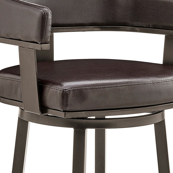 Homeroots 30" Chocolate And Gray Faux Leather And Iron Swivel Low Back Bar Height Bar Chair   476726