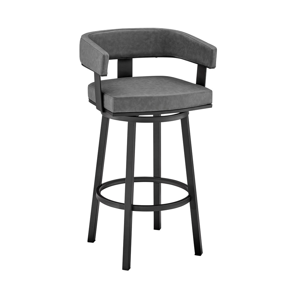 Homeroots 26" Gray And Black Faux Leather And Iron Swivel Low Back Counter Height Bar Chair   476727