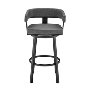 Homeroots 30" Gray And Black Faux Leather And Iron Swivel Low Back Bar Height Bar Chair   476728