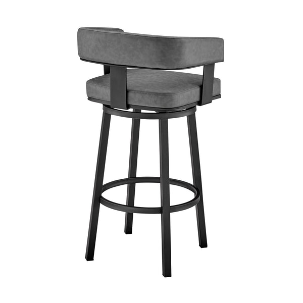 Homeroots 30" Gray And Black Faux Leather And Iron Swivel Low Back Bar Height Bar Chair   476728