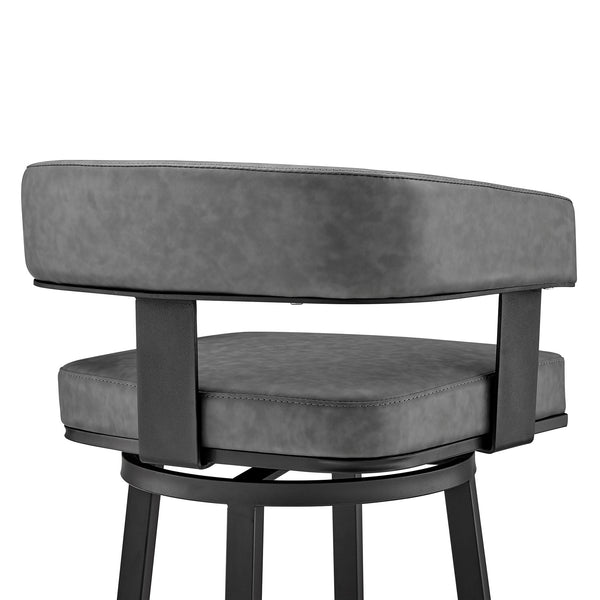 Homeroots 30" Gray And Black Faux Leather And Iron Swivel Low Back Bar Height Bar Chair   476728