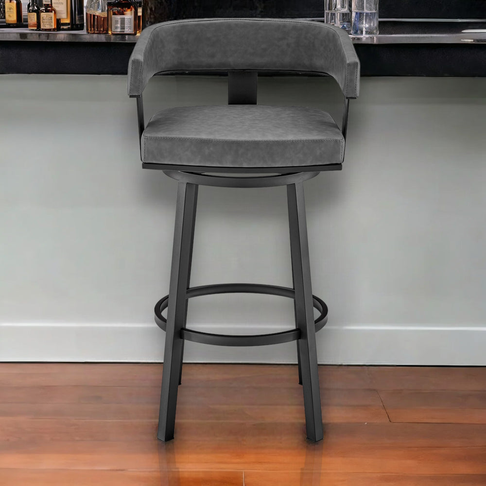Homeroots 30" Gray And Black Faux Leather And Iron Swivel Low Back Bar Height Bar Chair   476728