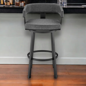 Homeroots 30" Gray And Black Faux Leather And Iron Swivel Low Back Bar Height Bar Chair   476728