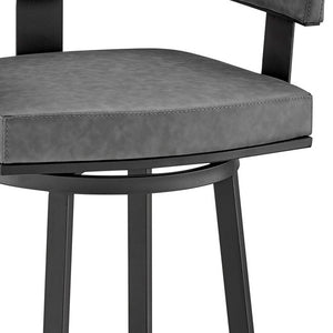 Homeroots 30" Gray And Black Faux Leather And Iron Swivel Low Back Bar Height Bar Chair   476728