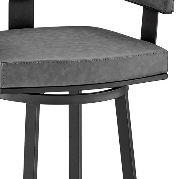 Homeroots 30" Gray And Black Faux Leather And Iron Swivel Low Back Bar Height Bar Chair   476728