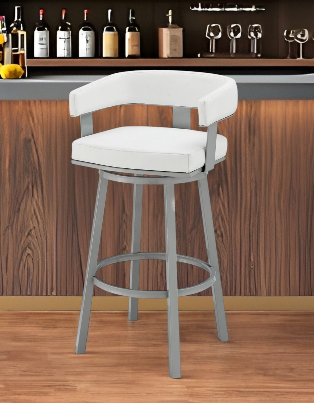 HomeRoots 26" Chic White Faux Leather Swivel Bar Chair with Gray Iron Base - Modern Comfort for Your Space 476729