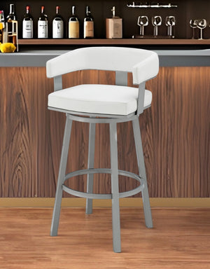 HomeRoots 26" Chic White Faux Leather Swivel Bar Chair with Gray Iron Base - Modern Comfort for Your Space 476729