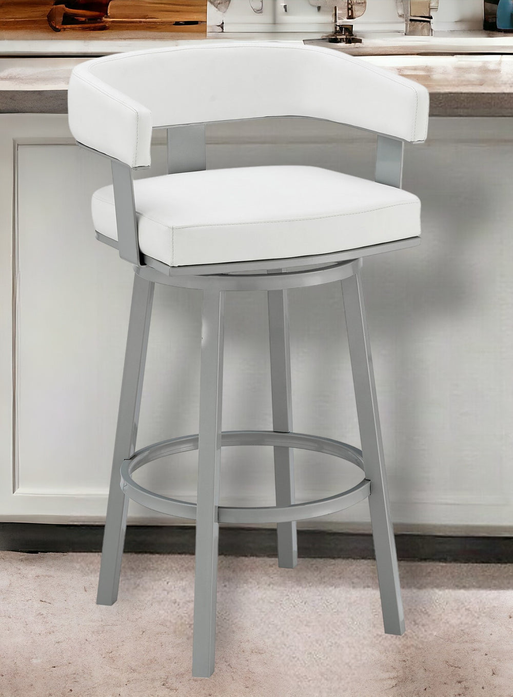 Homeroots 26" White And Gray Faux Leather And Iron Low Back Counter Height Swivel Bar Chair   476729