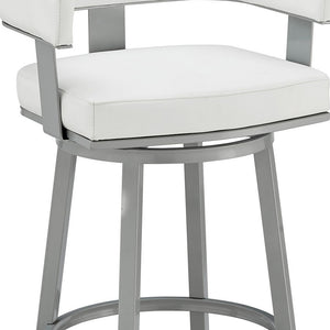 Homeroots 26" White And Gray Faux Leather And Iron Low Back Counter Height Swivel Bar Chair   476729