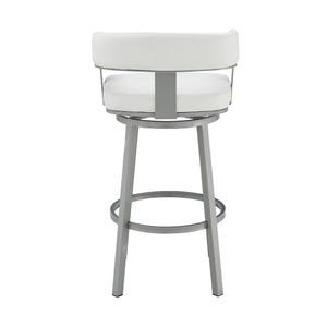Homeroots 30" White And Gray Faux Leather And Iron Swivel Low Back Bar Height Bar Chair   476730