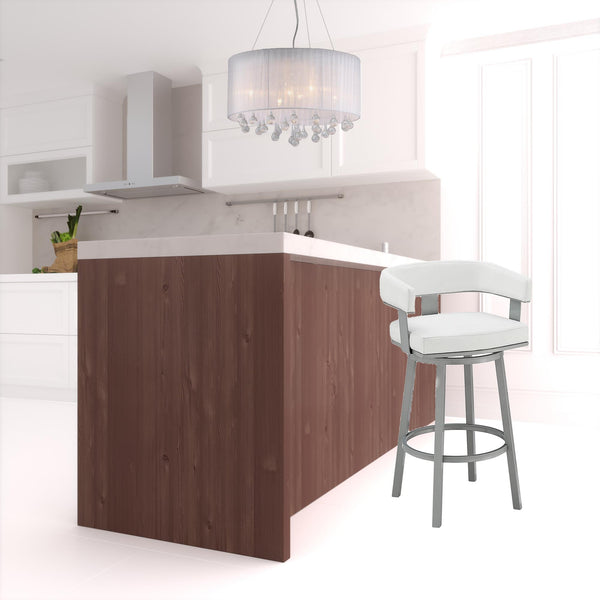 Homeroots 30" White And Gray Faux Leather And Iron Swivel Low Back Bar Height Bar Chair   476730