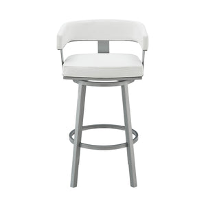 Homeroots 30" White And Gray Faux Leather And Iron Swivel Low Back Bar Height Bar Chair   476730