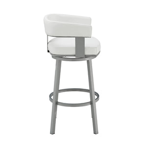 Homeroots 30" White And Gray Faux Leather And Iron Swivel Low Back Bar Height Bar Chair   476730