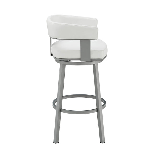 Homeroots 30" White And Gray Faux Leather And Iron Swivel Low Back Bar Height Bar Chair   476730