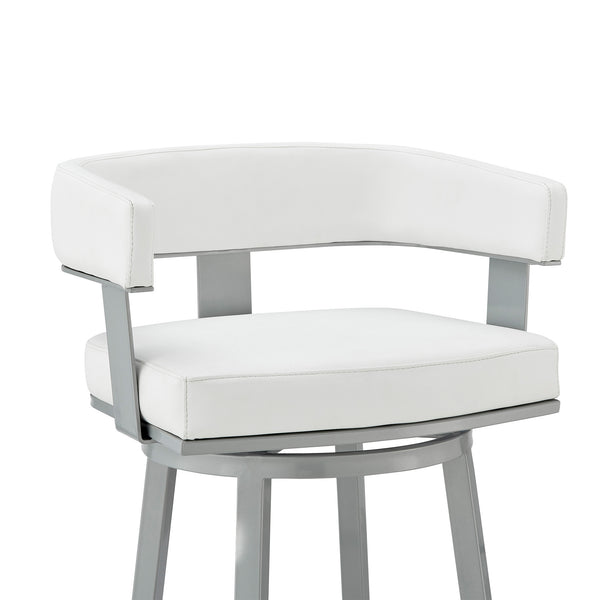 Homeroots 30" White And Gray Faux Leather And Iron Swivel Low Back Bar Height Bar Chair   476730