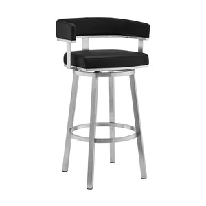 Homeroots 26" Black And Silver Faux Leather And Iron Swivel Low Back Counter Height Bar Chair   476731