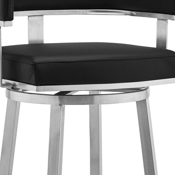 Homeroots 26" Black And Silver Faux Leather And Iron Swivel Low Back Counter Height Bar Chair   476731