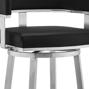 Homeroots 30" Black And Silver Faux Leather And Iron Swivel Low Back Bar Height Bar Chair   476732