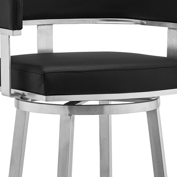 Homeroots 30" Black And Silver Faux Leather And Iron Swivel Low Back Bar Height Bar Chair   476732