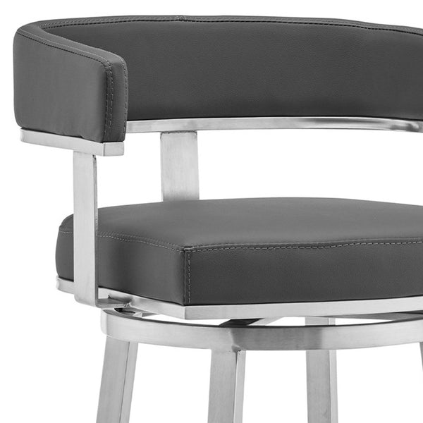 Homeroots 26" Gray And Silver Faux Leather And Iron Swivel Low Back Counter Height Bar Chair   476733