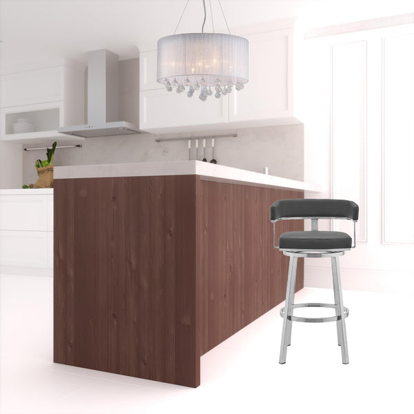 Homeroots 26" Gray And Silver Faux Leather And Iron Swivel Low Back Counter Height Bar Chair   476733