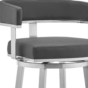 Homeroots 30" Gray And Silver Faux Leather And Iron Swivel Low Back Bar Height Bar Chair   476734