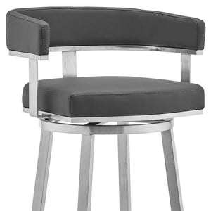 Homeroots 30" Gray And Silver Faux Leather And Iron Swivel Low Back Bar Height Bar Chair   476734