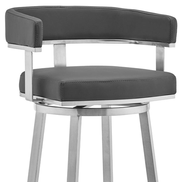 Homeroots 30" Gray And Silver Faux Leather And Iron Swivel Low Back Bar Height Bar Chair   476734