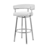 Homeroots 26" White And Silver Faux Leather And Stainless Steel Low Back Counter Height Swivel Bar Chair   476735