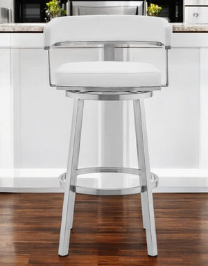 HomeRoots 26" Stylish White & Silver Faux Leather Swivel Bar Chair - Modern Comfort for Your Kitchen & Bar 476735