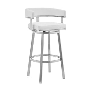 Homeroots 26" White And Silver Faux Leather And Stainless Steel Low Back Counter Height Swivel Bar Chair   476735