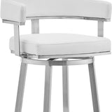 Homeroots 26" White And Silver Faux Leather And Stainless Steel Low Back Counter Height Swivel Bar Chair   476735