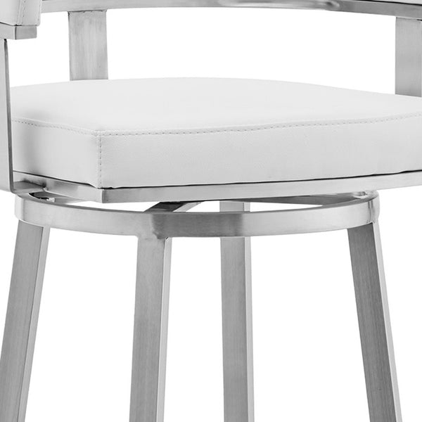 Homeroots 30" White And Silver Faux Leather Stainless Steel Low Back Bar Height Swivel Bar Chair   476736
