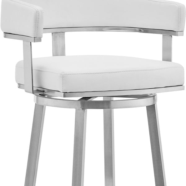 Homeroots 30" White And Silver Faux Leather Stainless Steel Low Back Bar Height Swivel Bar Chair   476736