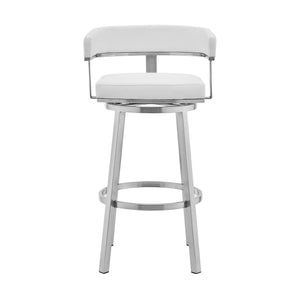 Homeroots 30" White And Silver Faux Leather Stainless Steel Low Back Bar Height Swivel Bar Chair   476736