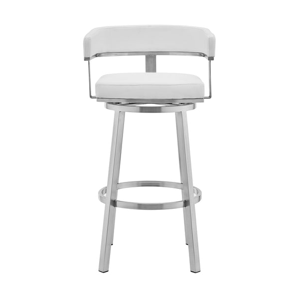Homeroots 30" White And Silver Faux Leather Stainless Steel Low Back Bar Height Swivel Bar Chair   476736