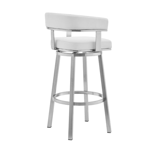 Homeroots 30" White And Silver Faux Leather Stainless Steel Low Back Bar Height Swivel Bar Chair   476736