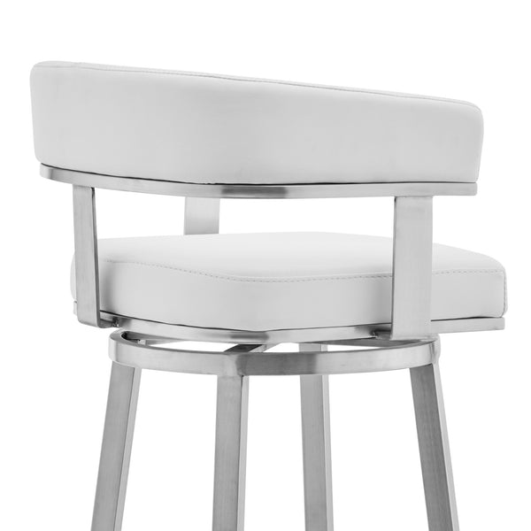 Homeroots 30" White And Silver Faux Leather Stainless Steel Low Back Bar Height Swivel Bar Chair   476736