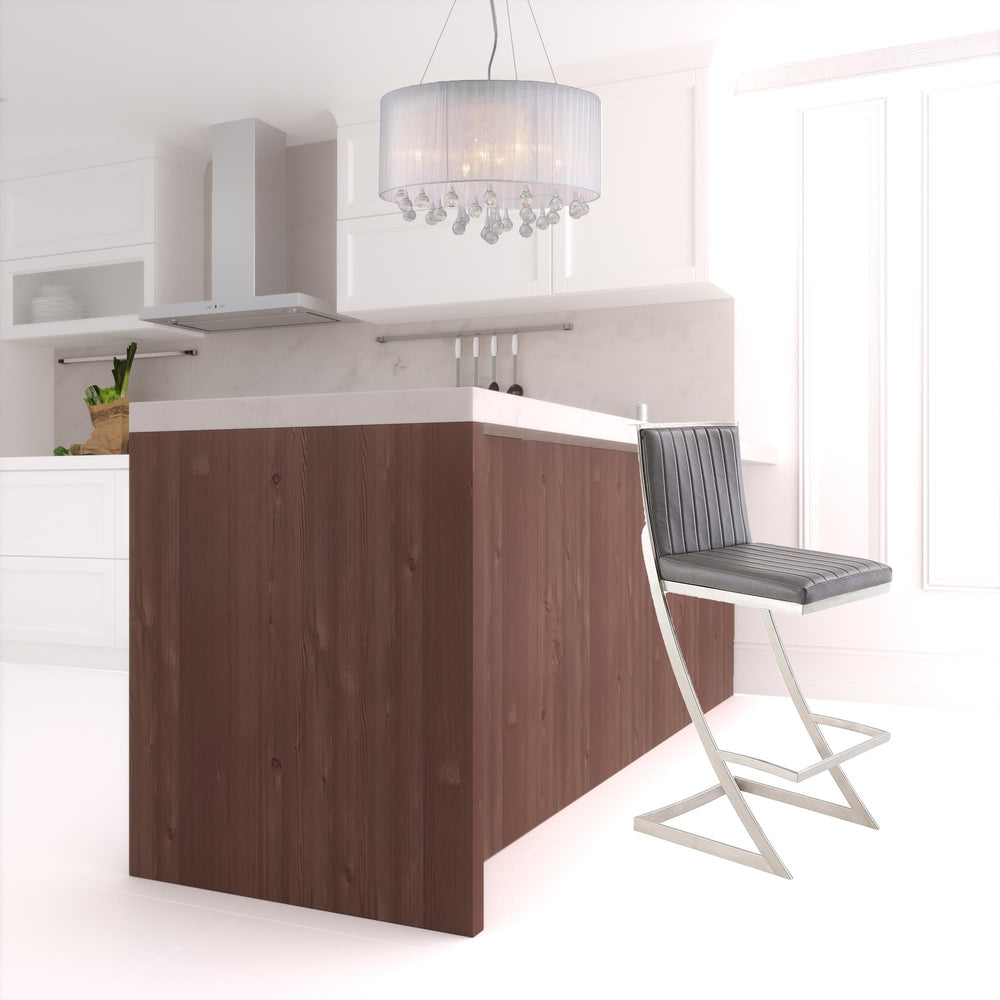 Homeroots 26" Gray And Silver Faux Leather And Iron Counter Height Bar Chair   476737