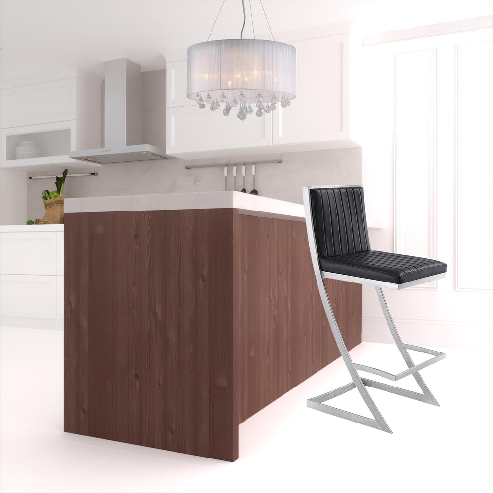 Homeroots 30" Black And Silver Faux Leather And Iron Bar Height Bar Chair   476740