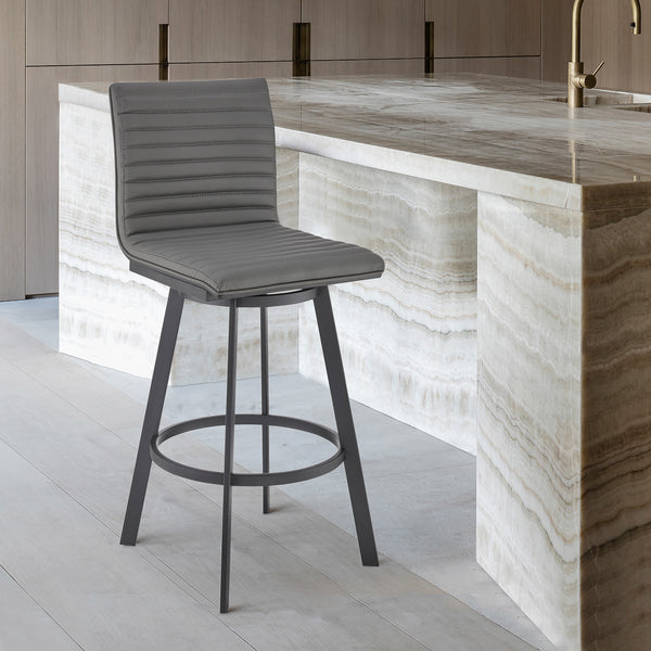 Homeroots 26" Gray And Black Faux Leather And Iron Swivel Counter Height Bar Chair   476741