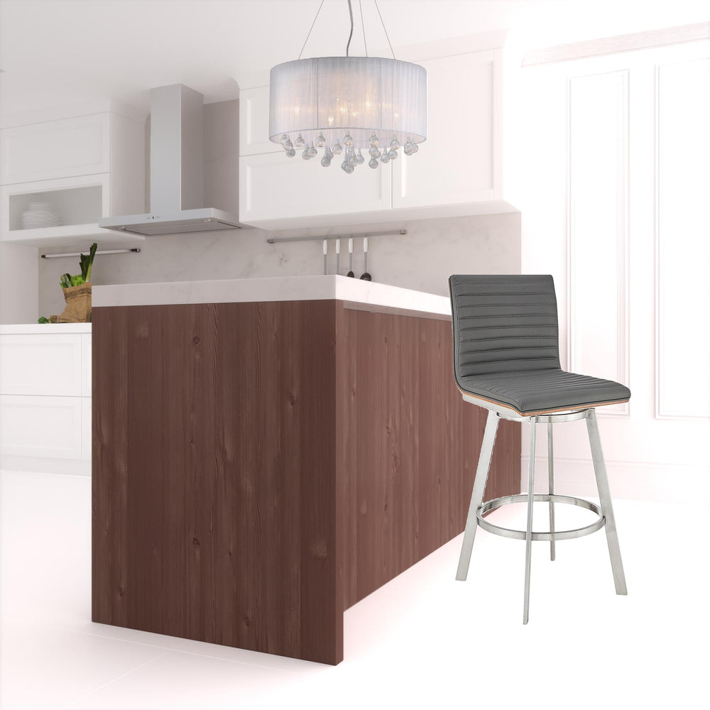 Homeroots 29" Gray And Silver Faux Leather And Iron Swivel Bar Height Bar Chair   476746