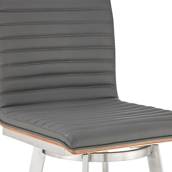 Homeroots 29" Gray And Silver Faux Leather And Iron Swivel Bar Height Bar Chair   476746