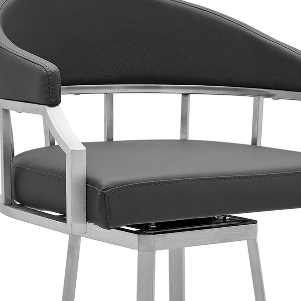 Homeroots 26" Gray And Silver Faux Leather And Iron Swivel Low Back Counter Height Bar Chair   476747