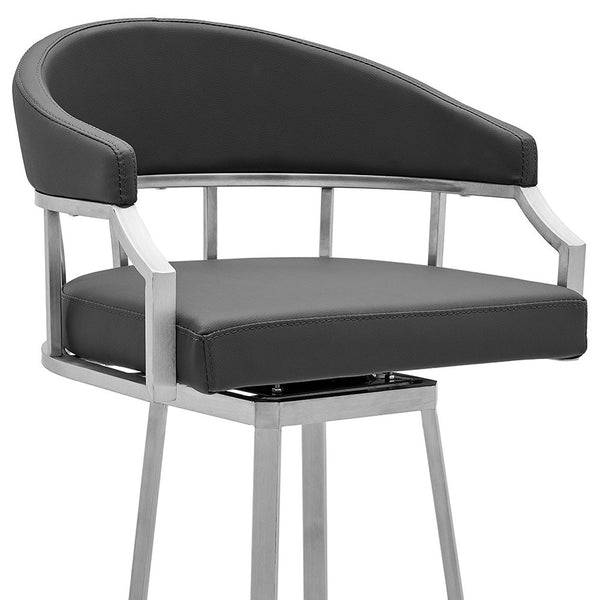 Homeroots 26" Gray And Silver Faux Leather And Iron Swivel Low Back Counter Height Bar Chair   476747