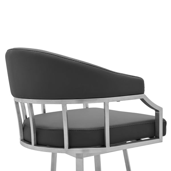 Homeroots 30" Gray And Silver Faux Leather And Iron Swivel Low Back Bar Height Bar Chair   476748