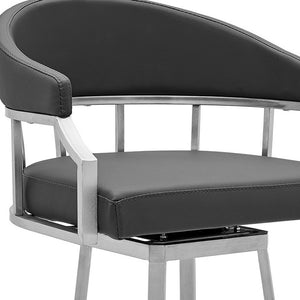 Homeroots 30" Gray And Silver Faux Leather And Iron Swivel Low Back Bar Height Bar Chair   476748