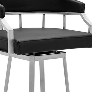 Homeroots 26" Black And Silver Faux Leather And Iron Swivel Low Back Counter Height Bar Chair   476749